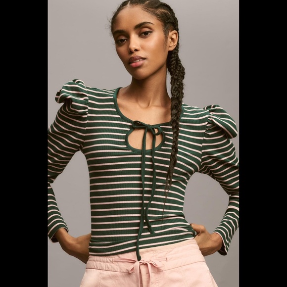 Anthropologie Porridge Puff-Sleeve Tie-Front Top - Picture 2 of 16